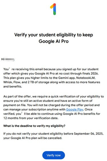 Verify your student eligibility to keep Google AI Pro